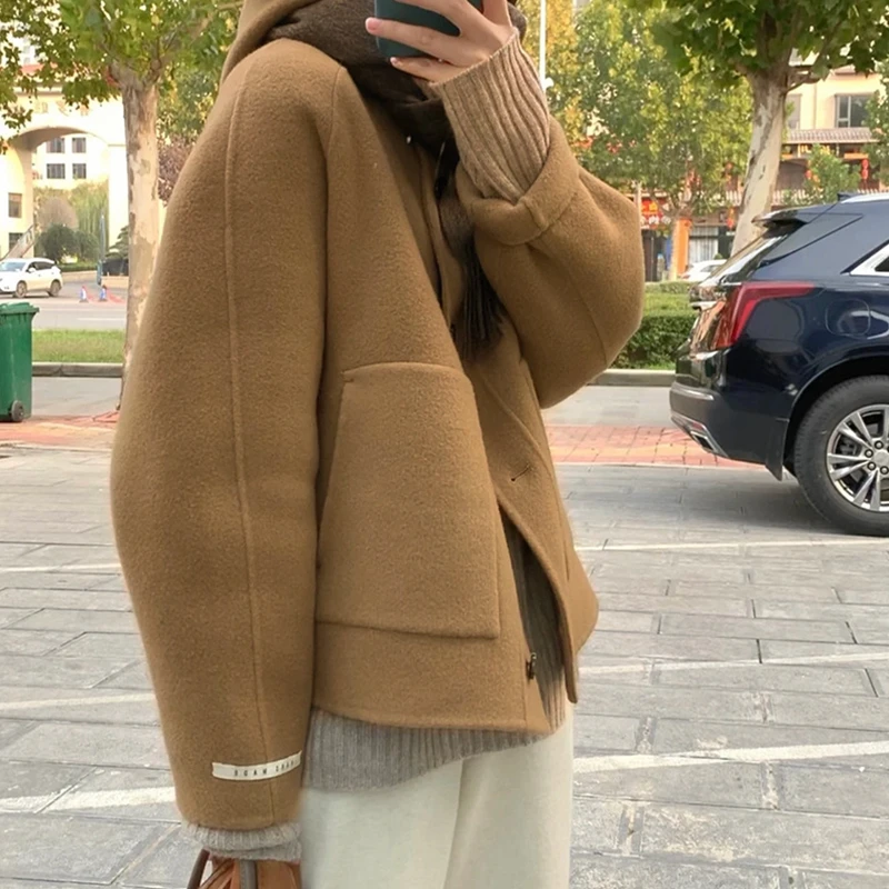 小个子日系高品质好版型精纺初剪羊*毛双面呢大衣女短款外套秋冬