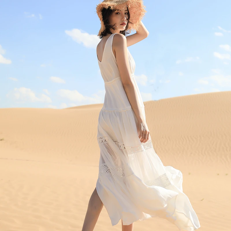 无袖海边度假长裙超仙女白色连衣裙子女马尔代夫巴厘岛沙滩裙红色