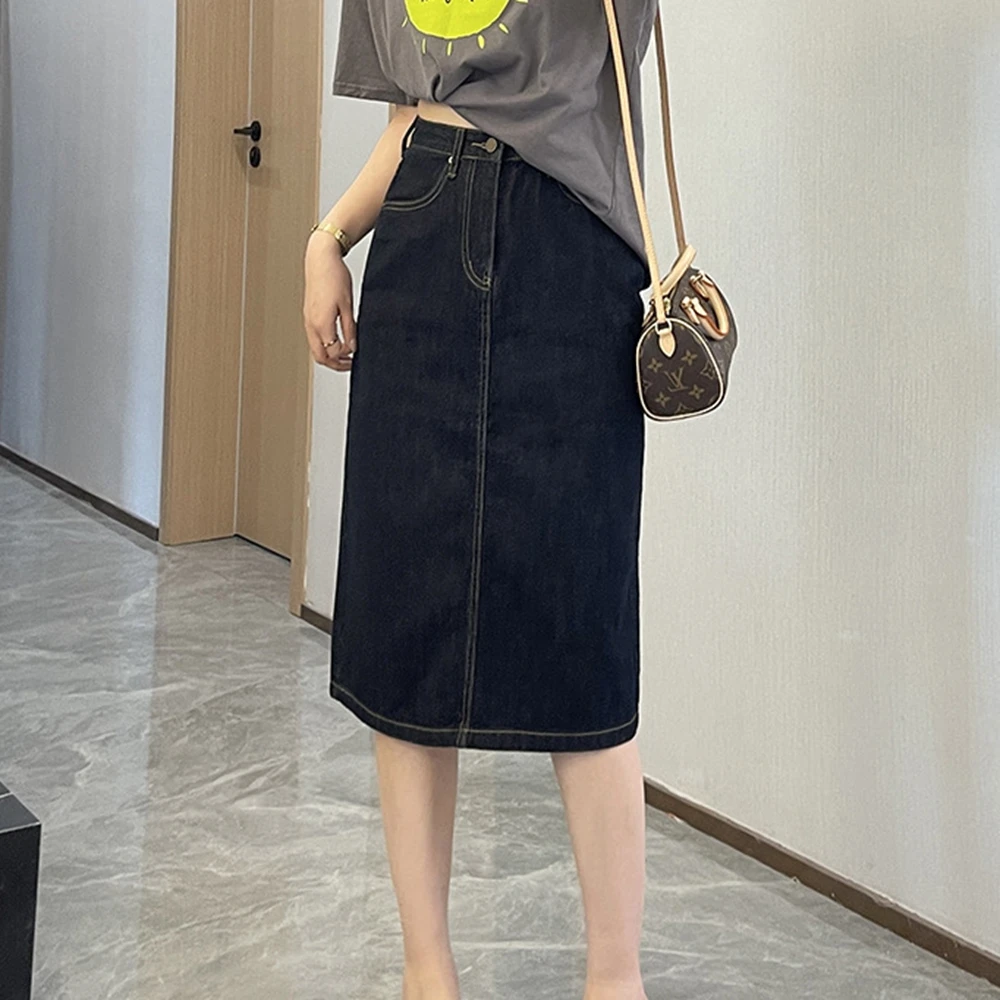 百搭开叉牛仔裙时尚显瘦半身裙女春夏休闲高腰A字裙中长款小个子