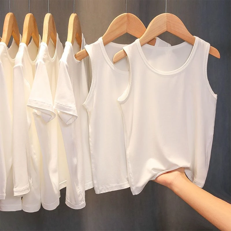 儿童背心莫代尔棉薄男孩纯白色内衣T恤夏季打底内穿运动洋气