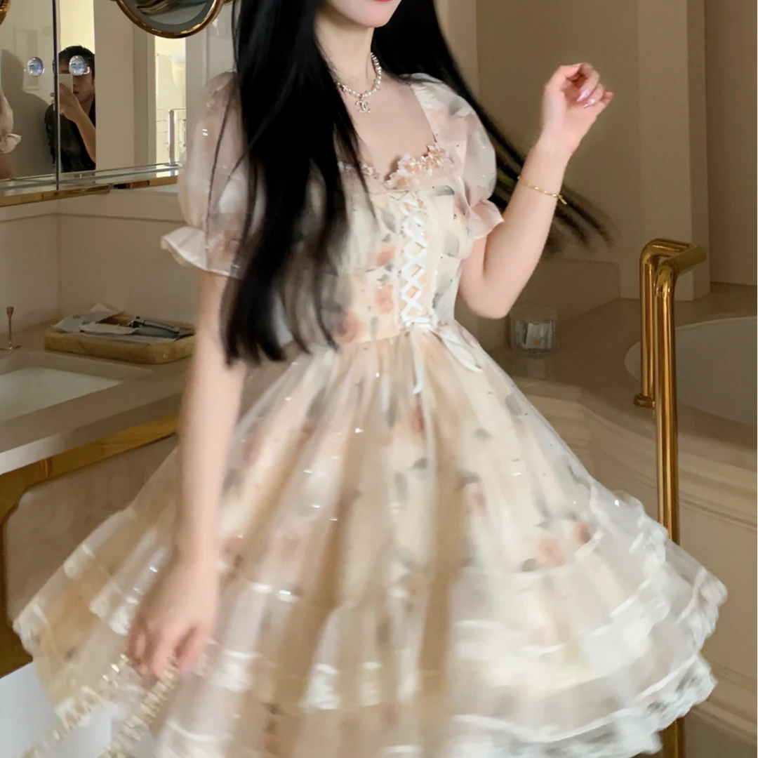 Blovelan拉蓓绮梦啊 温柔甜美方领印花蕾丝系带亮片短款连衣裙夏