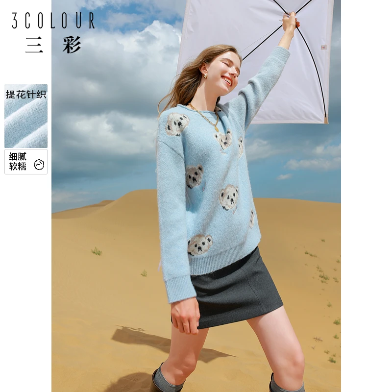 三彩秋冬季新款小熊提花毛衣圆领宽松长袖针织衫套头毛衫女M