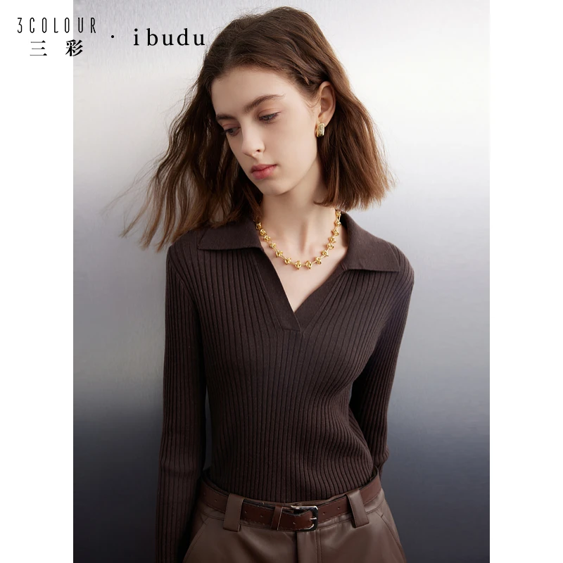 三彩ibudu2024冬季新款坑条针织衫POLO领长袖毛衫修身内搭打底女