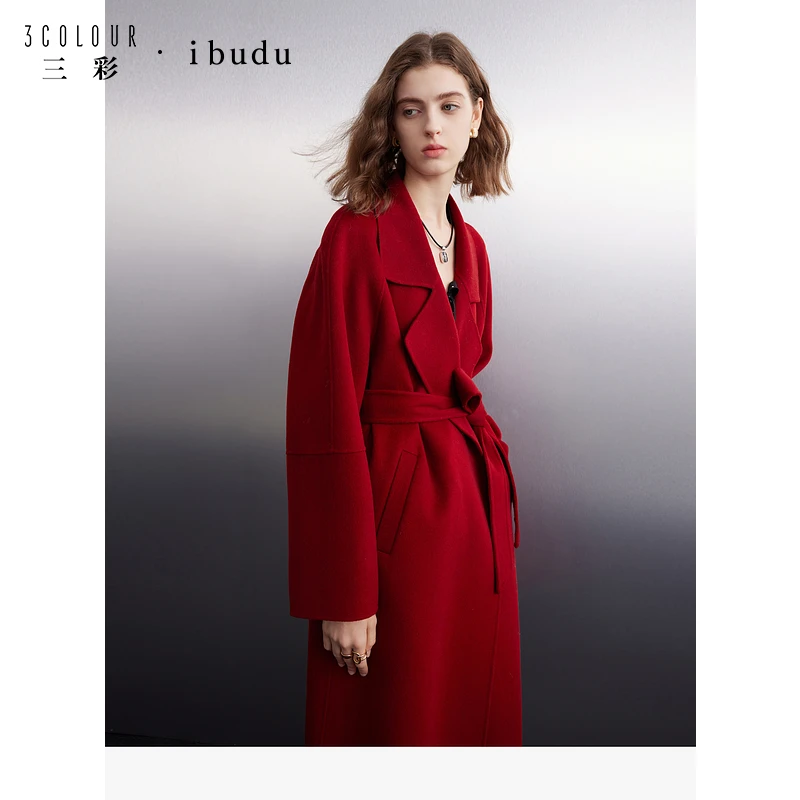 三彩ibudu2024冬季新款绵羊毛双面呢浴袍大衣毛呢外套宽松长款