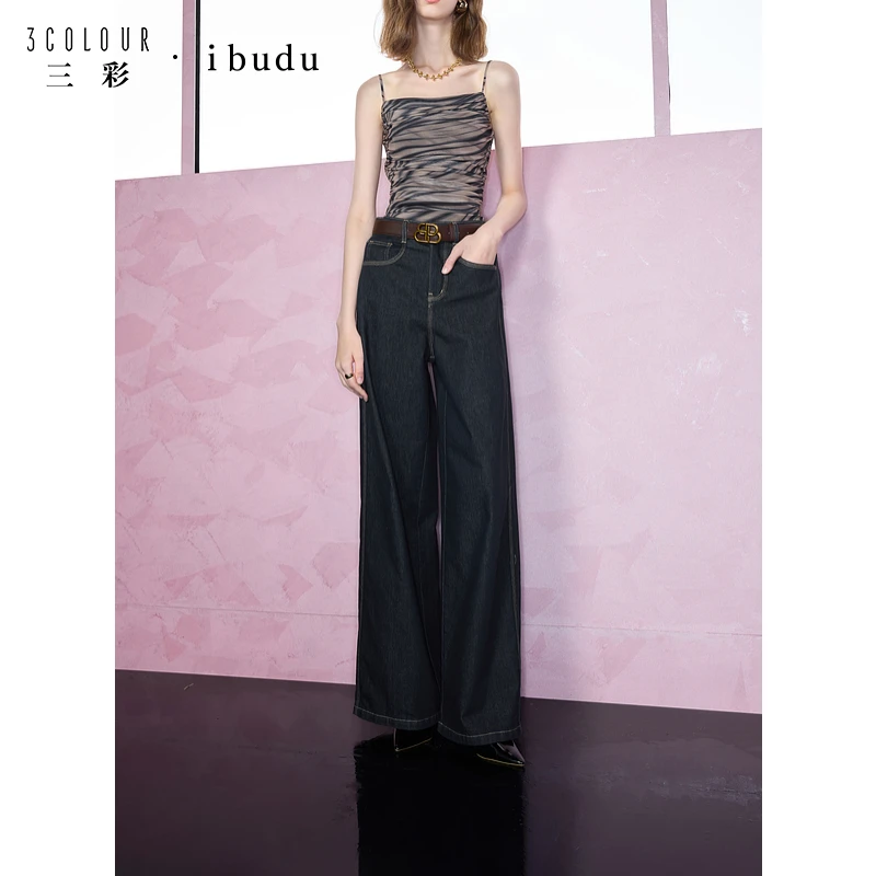 三彩ibudu2025春季新款高腰牛仔裤阔腿裤长裤拖地宽松休闲显瘦女