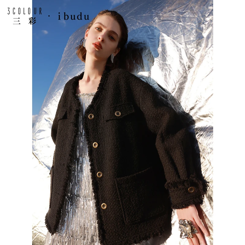 三彩ibudu2024冬季新款香风流苏V领毛呢大衣外套宽松单排扣女