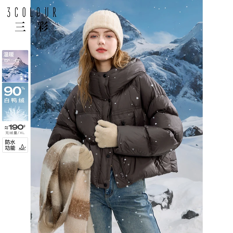 【反季清仓】三彩2024冬季连帽羽绒服防水白鸭绒短黑色面包服女M