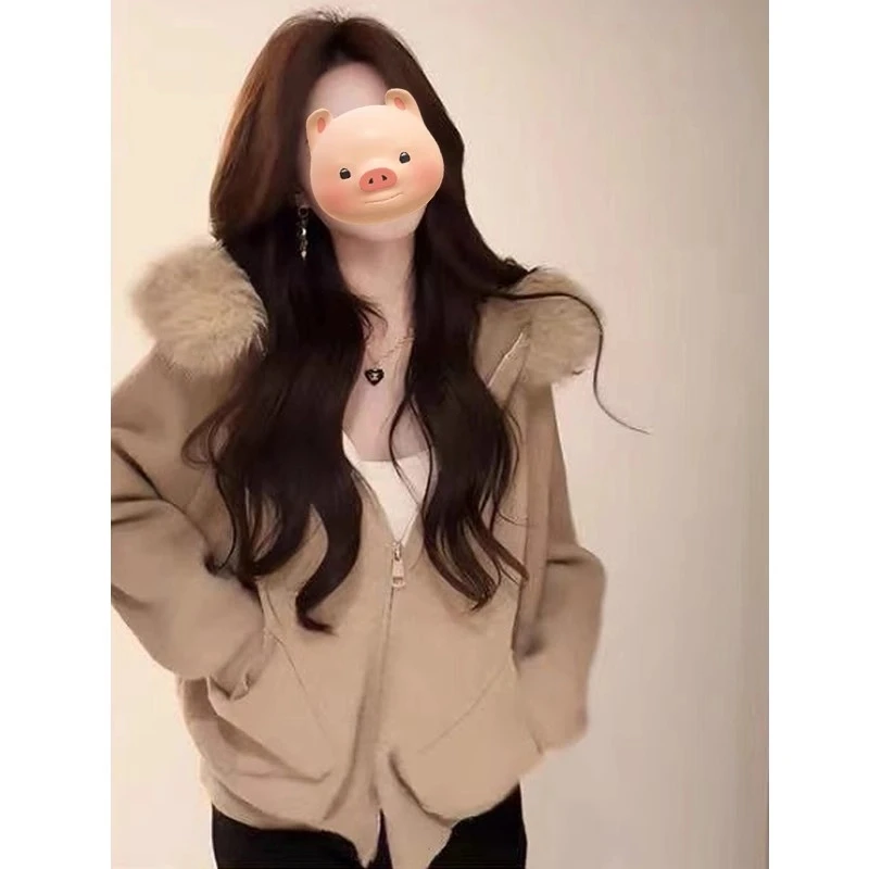 2024新款秋冬休闲连帽毛毛领时尚百搭开衫针织衫外搭外套女