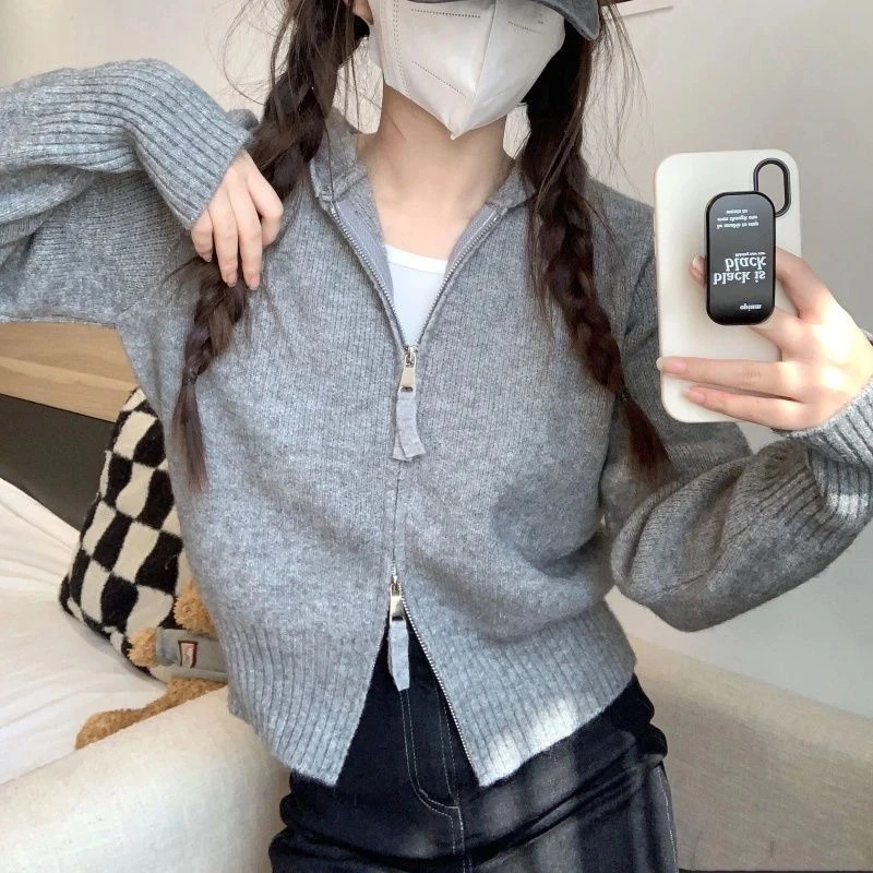 美式复古翻领长袖针织衫女早秋季小众设计双拉链开衫别致上衣外套