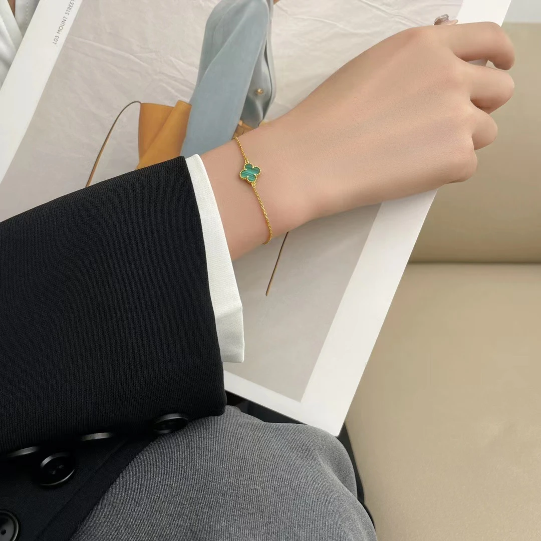 合金手链 金典四叶草单花手链女轻奢小众18K玫瑰金绿色吊坠手饰