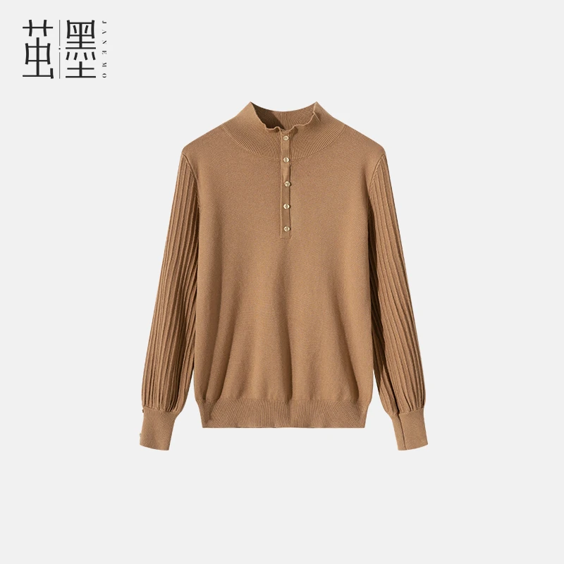 Janemo/茧墨法式复古气质灯笼袖半高领毛衣 时尚百搭文艺减龄优雅