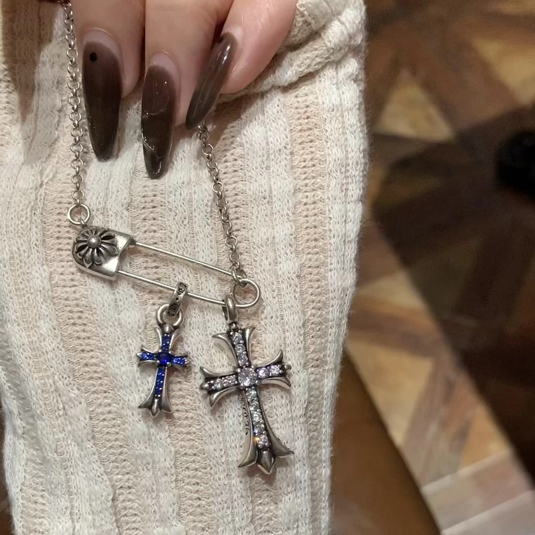 合金项链 个性时尚克罗心别针蓝钻十字架项链小众镶钻十字架项链