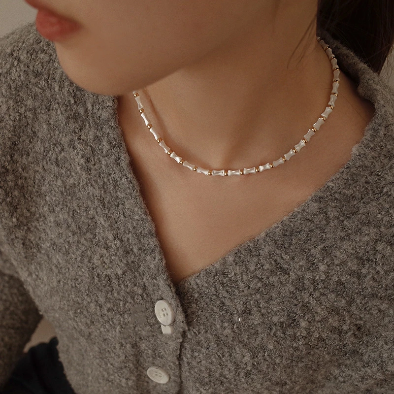 链子925银 轻奢小众设计海水贝壳毛衣链竹节款项链女新气感项饰品