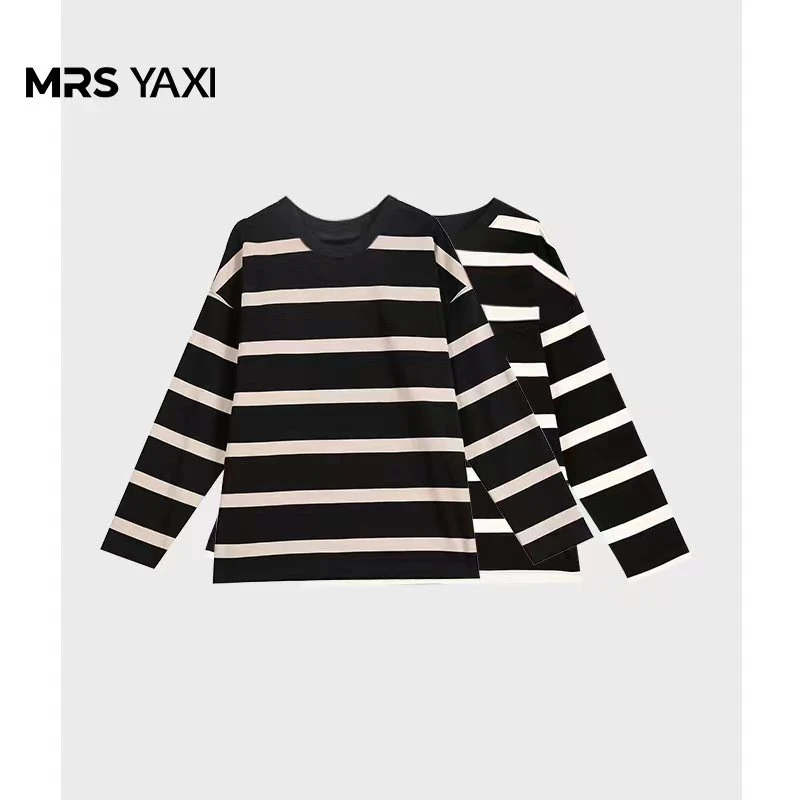 Mrsyaxi黑白条纹套头圆领女装时尚休闲撞色街头宽松T恤YX121102
