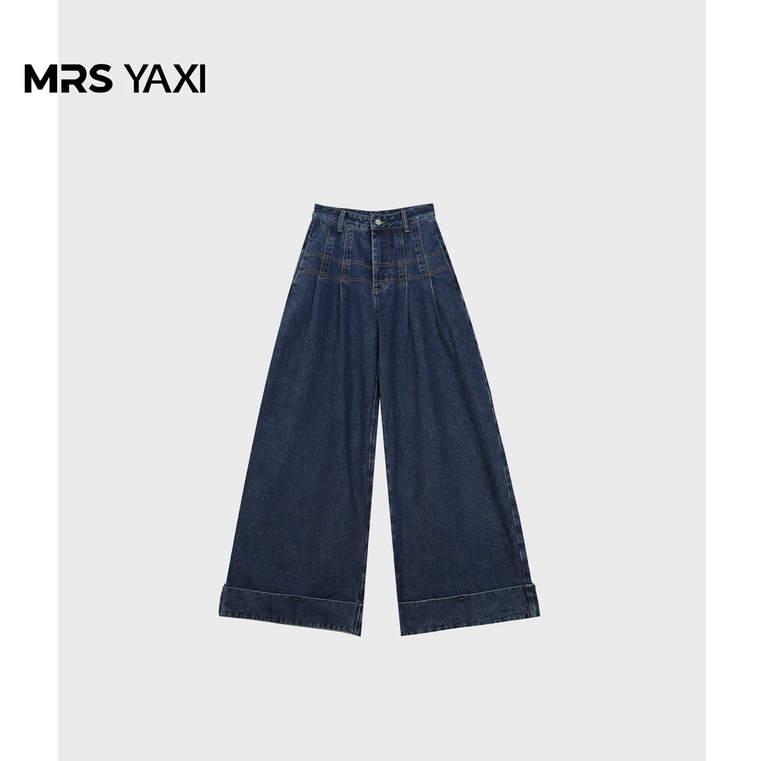 Mrsyaxi百搭水洗阔腿褶皱牛仔裤YX4102503