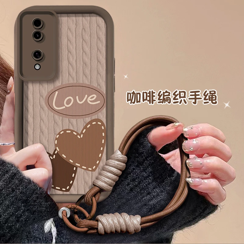 适用于【华为】荣耀70棕色双爱心时尚天眼阶梯防摔创意手机壳