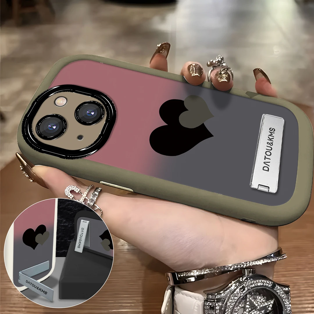 适用于【苹果】14新款渐变黑粉双爱心女款防摔手机壳