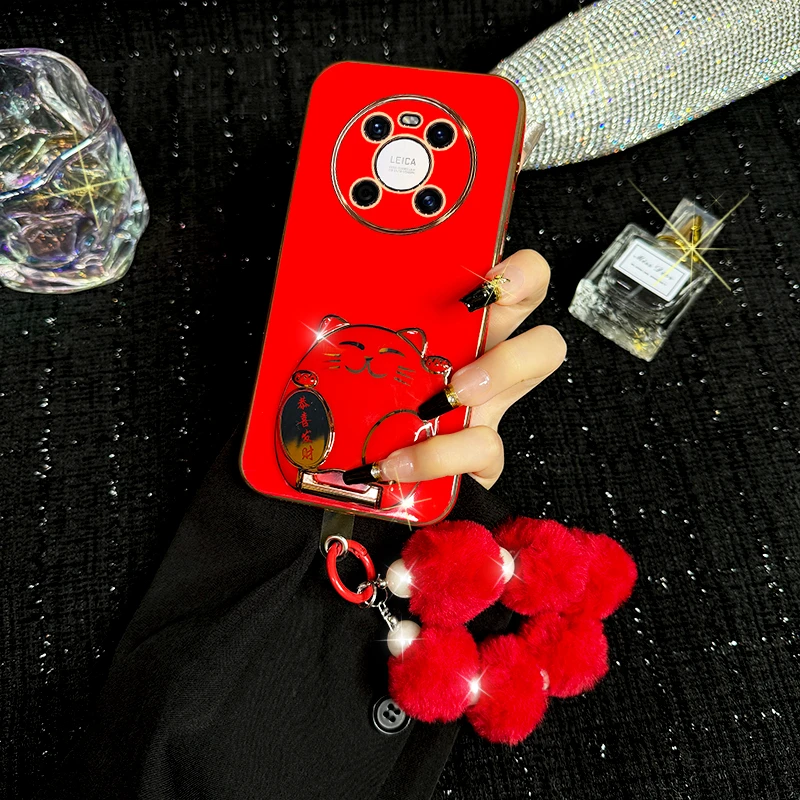 适用于【华为】Mate40招财猫支架创意女款简约防摔电镀壳