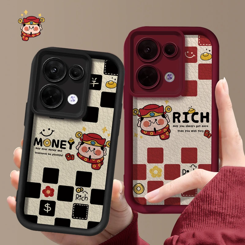 适用于【OPPO】Reno8可爱棋盘格财神创意女款防摔全包手机壳