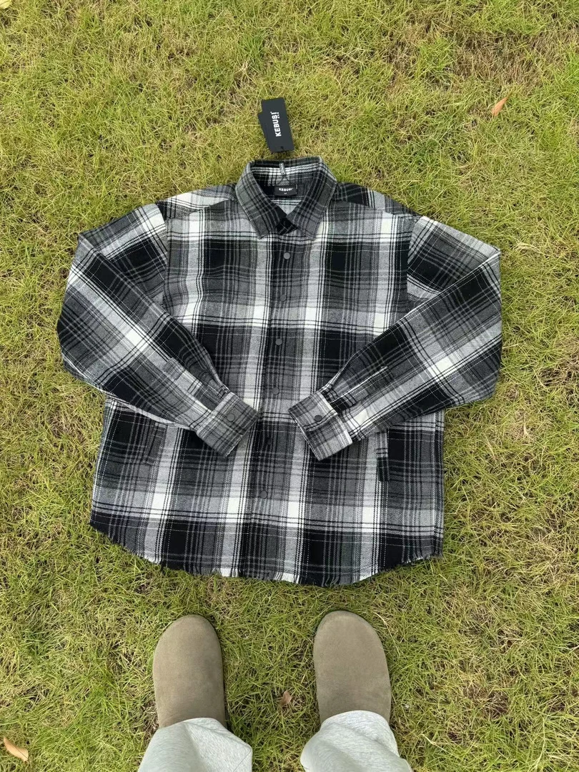 【KEBUSI】现货！定制黑白格纹cleanfit磨毛粗纺散边长袖衬衫#CS005