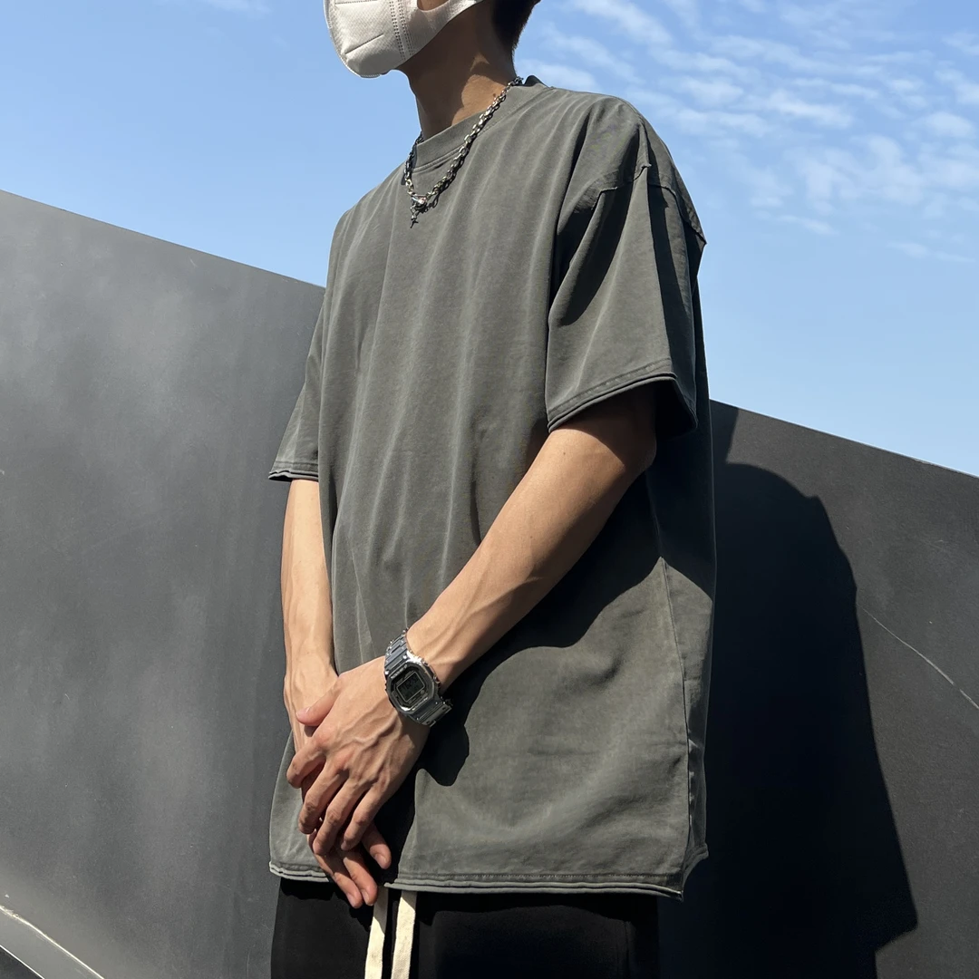 【KEBUSI】美式街头夏季解构破坏短袖重磅蜡染宽松潮流纯T男#Y006