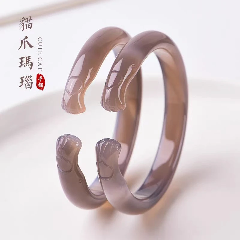 玛瑙猫爪手镯烟灰色玉髓气质少女开口笑 圆条可爱汉服配饰