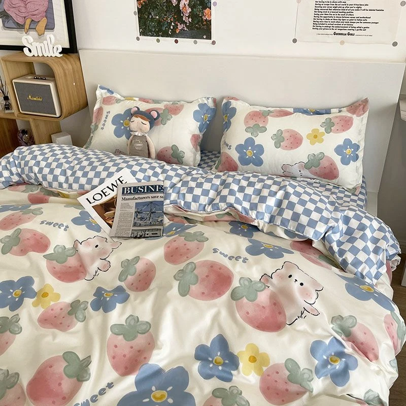 四件套被套被单草莓小兔卡通可爱少女学生宿舍床单三件套床上用品