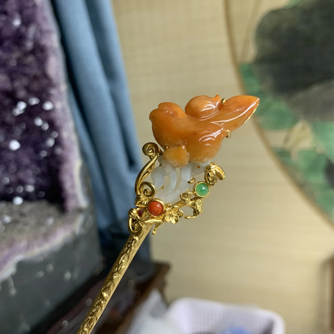 S925银镀金镶嵌天然翡翠a货红翡喜上眉梢发簪发饰