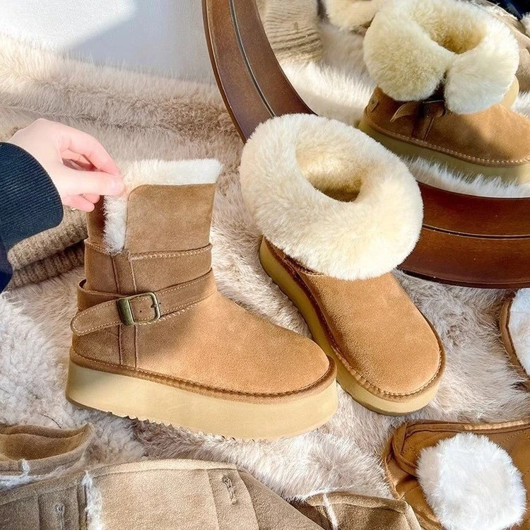 皮毛一体翻边雪地靴女厚底增高保暖棉鞋两穿东北棉靴2024冬季新款