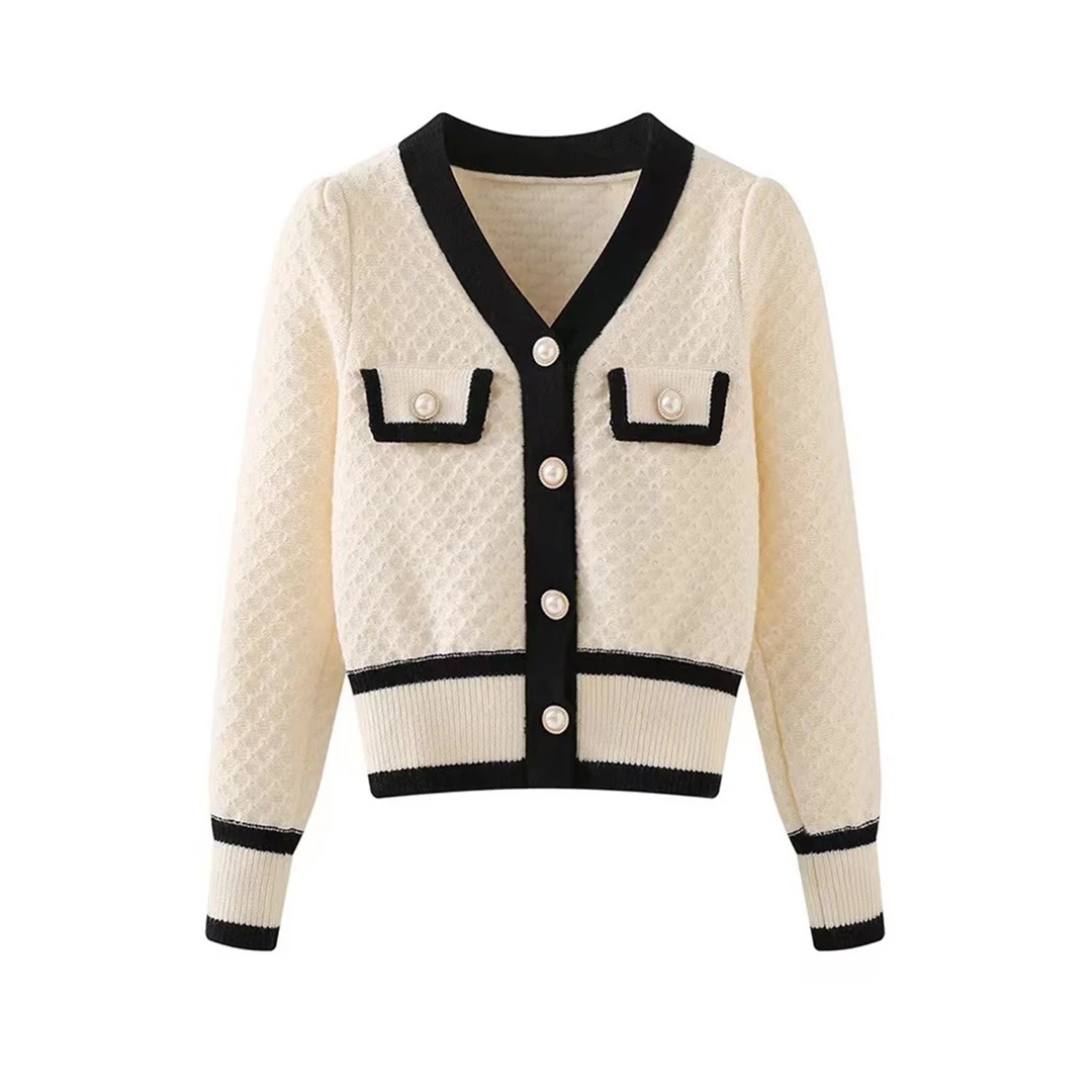 法式轻奢小香风针织V领开衫撞色上衣洋气修身