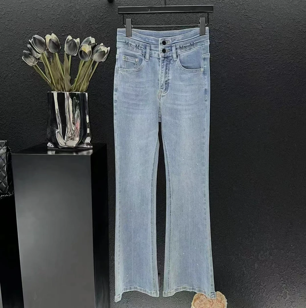 两粒扣侧高腰微喇牛仔裤女2024年春季新款复古显瘦弹力喇叭裤