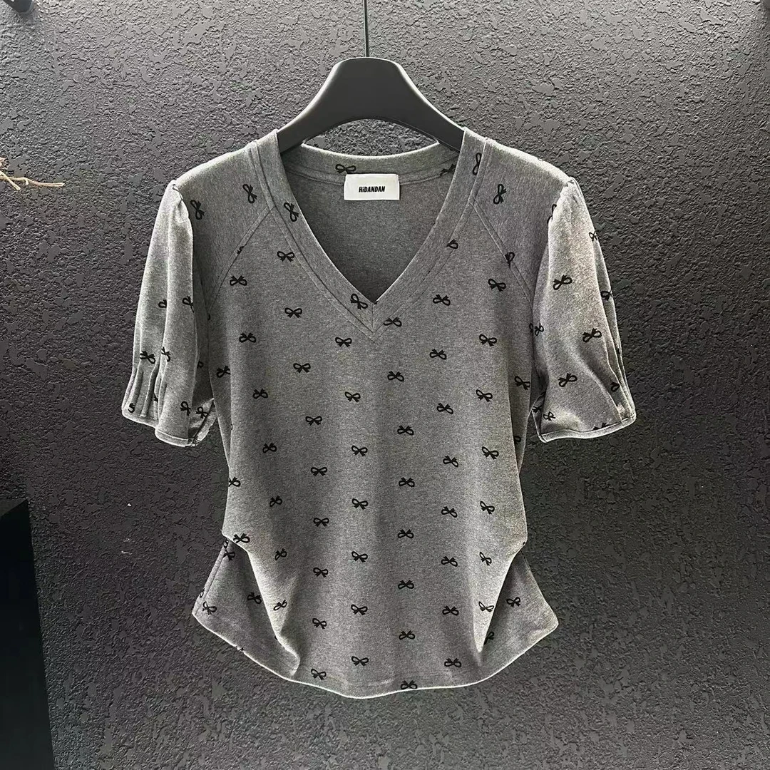 2025春夏新款蝴蝶结印花时尚短袖T恤女灰设计感显瘦正肩百搭上衣
