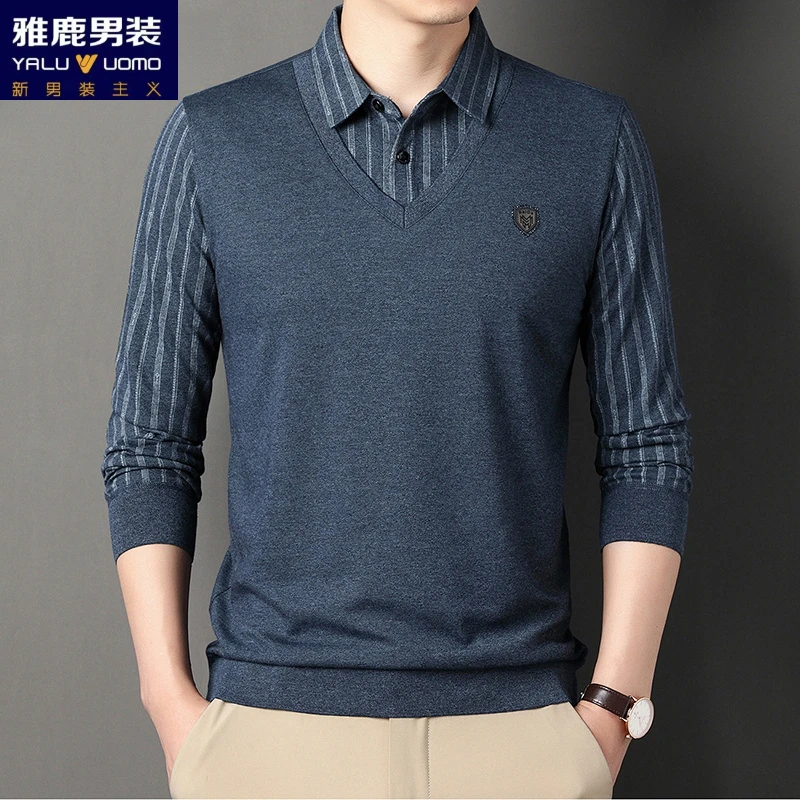 雅鹿男装男士男款长袖T恤休闲宽松烫钻潮商务条纹针织翻领中年