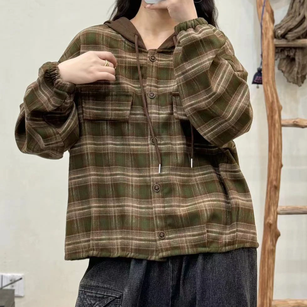 6156新款秋冬休闲百搭气质显瘦格子连帽上衣外套