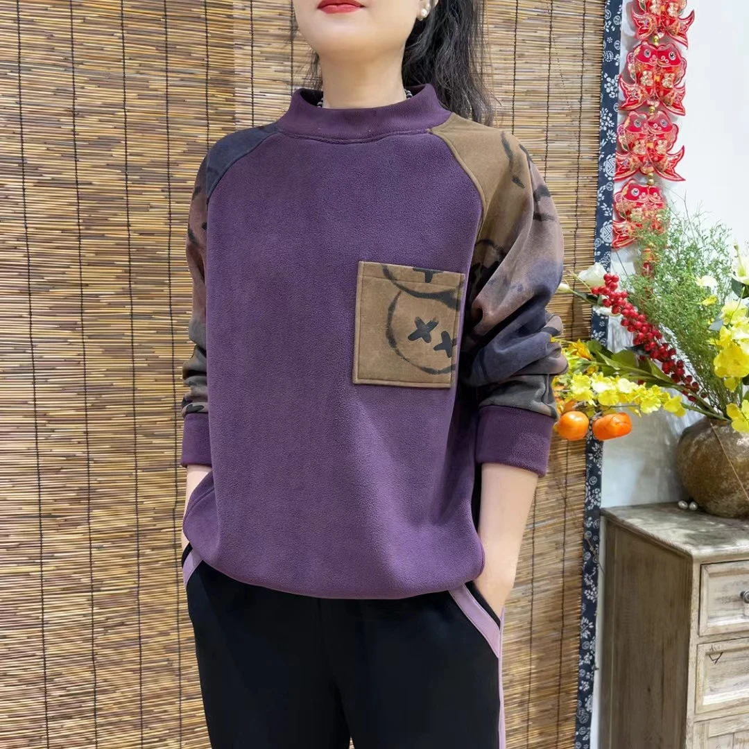 7520秋冬新款半高领加绒加厚宽松休闲百搭上衣卫衣女