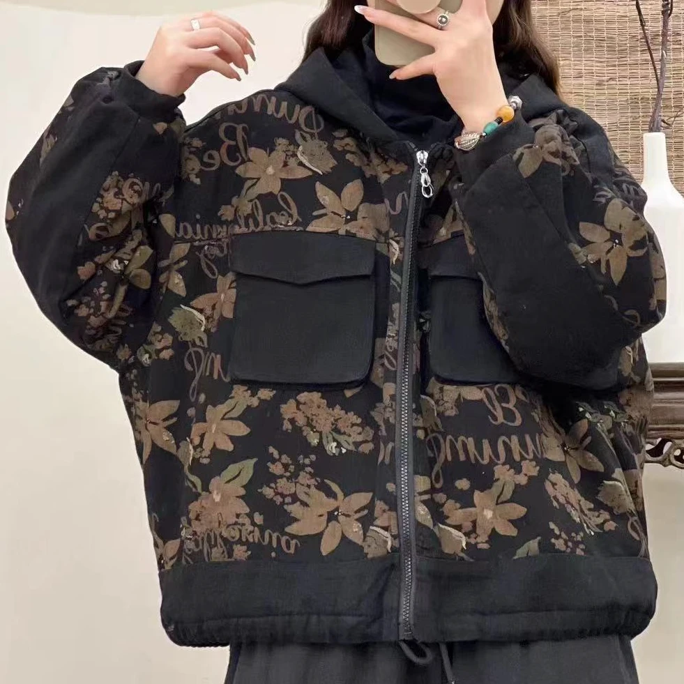 7229新款加厚秋冬复古民族风口袋拼接连帽棉服