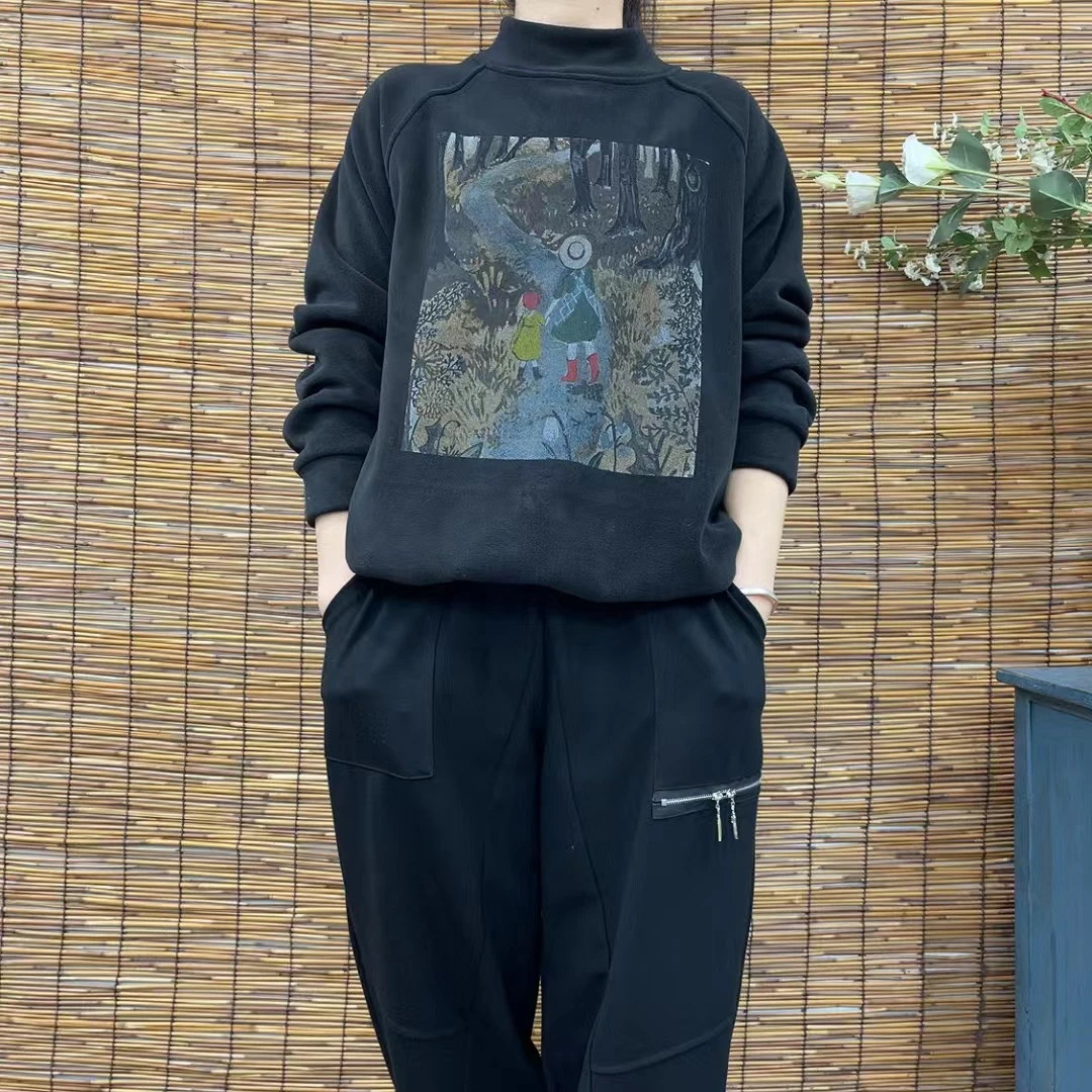 66065新款加绒加厚秋冬卡通印花半高领套头宽松显瘦休闲卫衣