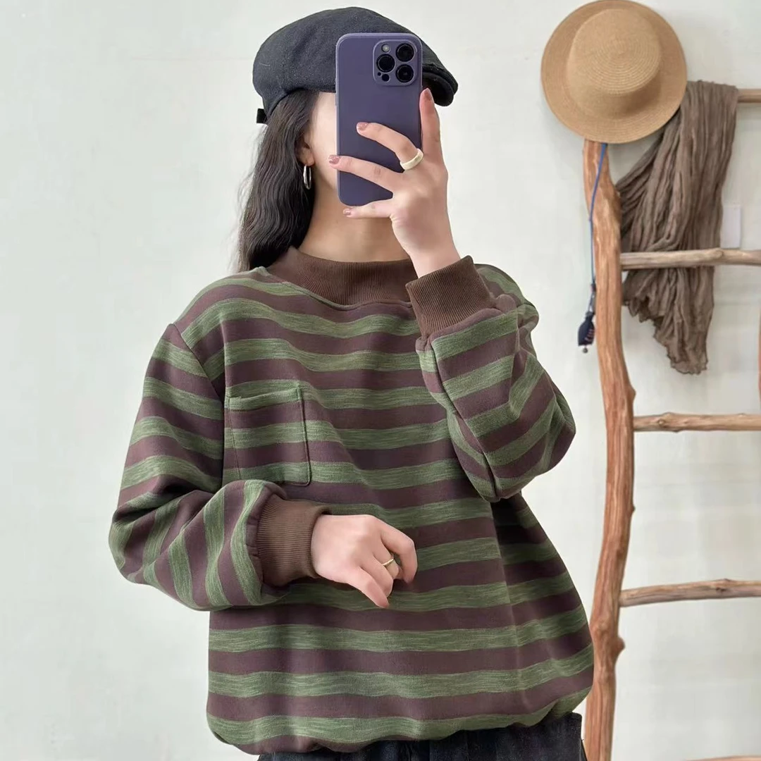 7287新款加绒春秋休闲百搭气质显瘦长袖条纹上衣卫衣