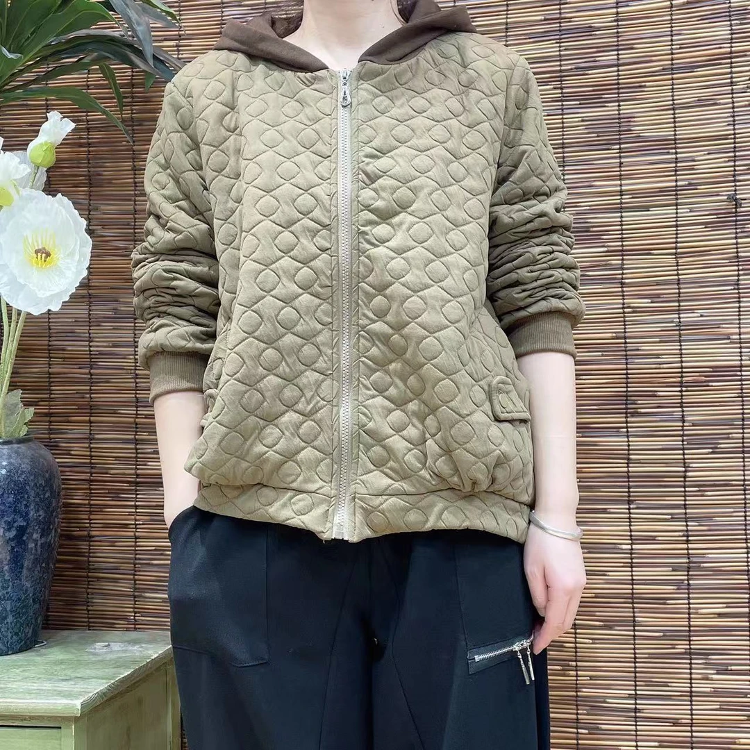 6301新款秋冬季休闲宽松百搭肌理感褶皱连帽棉服外套