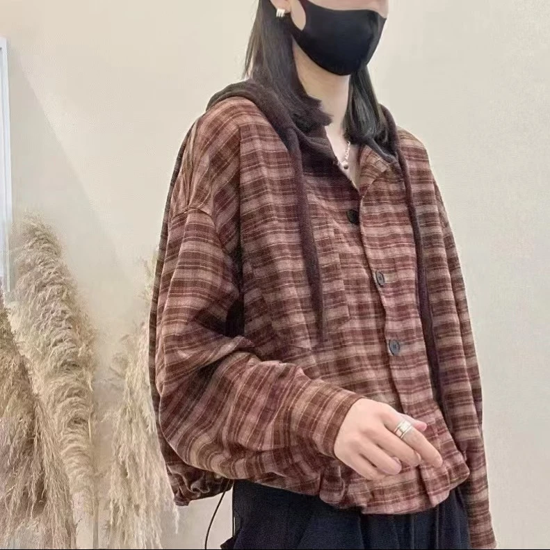 5281新款春秋休闲百搭气质显瘦格子连帽上衣衬衫