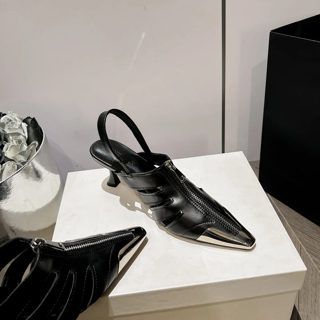 法式小众金色方头罗马编织凉鞋女夏款后空细跟高跟鞋黑色单鞋