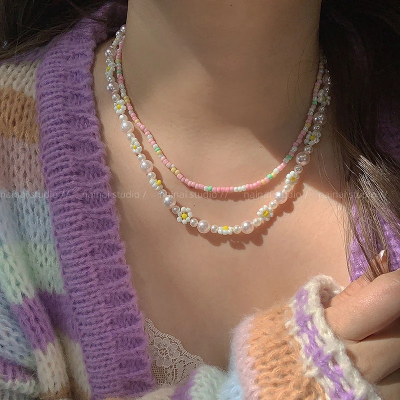 非金属项链 粉色串珠甜美少女心花朵锁骨链春夏季新款超仙颈链335