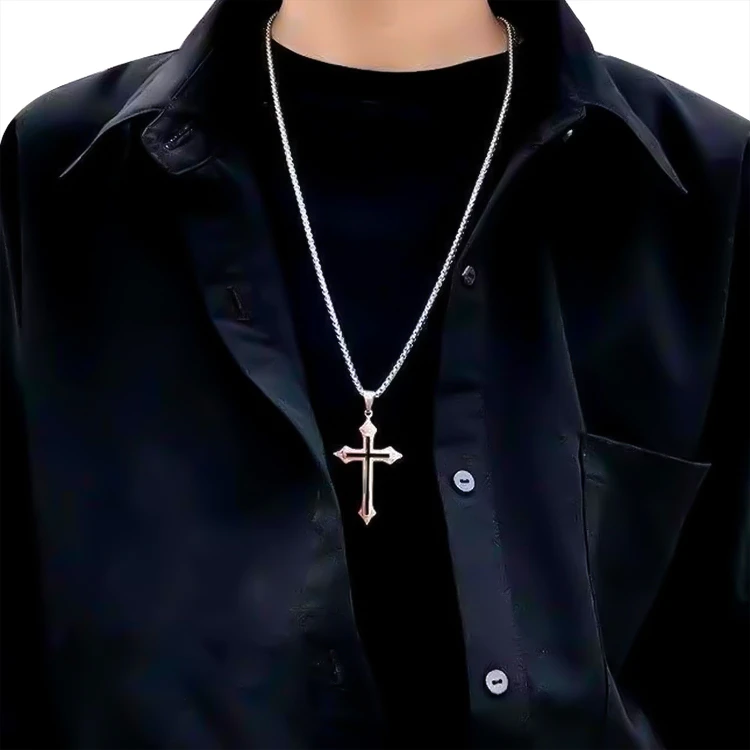 钛钢项链 毛衣项链个性日韩黑色十字架项链男女吊坠简约森系项链