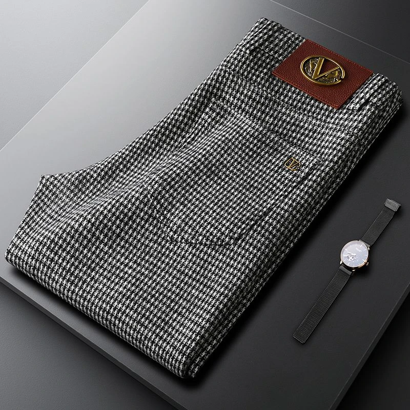 轻奢秋季灰色格子裤男修身小直筒毛呢休闲裤时尚男士千鸟格商务裤