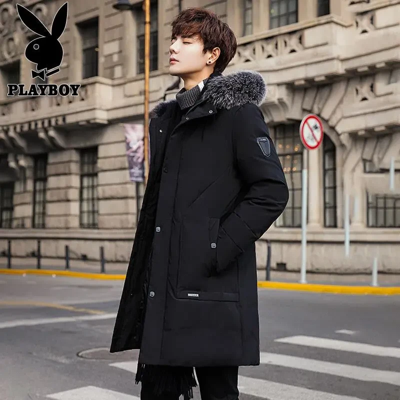 花花公子冬季羽绒服男士中长版轻薄冬装新款加厚毛领连帽外套男装
