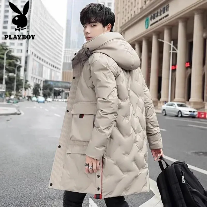 花花公子中长款羽绒服男士冬季新款加厚鸭绒保暖连帽防寒服外套男
