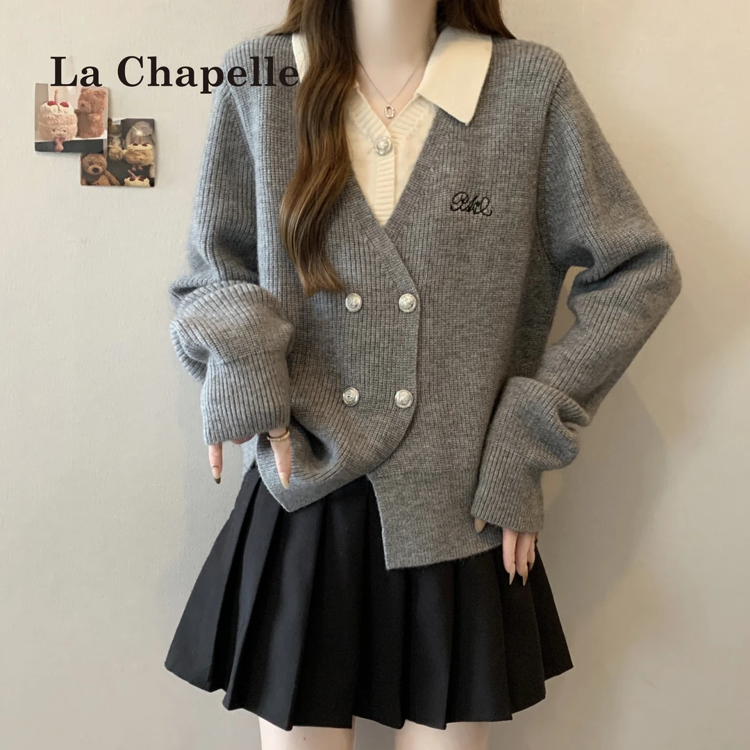 拉夏贝尔假两件polo领针织开衫女2025秋冬新款毛衣打底衫大码上衣