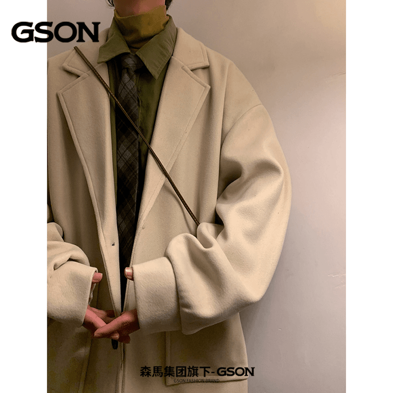森馬集团GSON成熟稳重男装高级感加厚毛呢大衣男冬季加棉西装外套