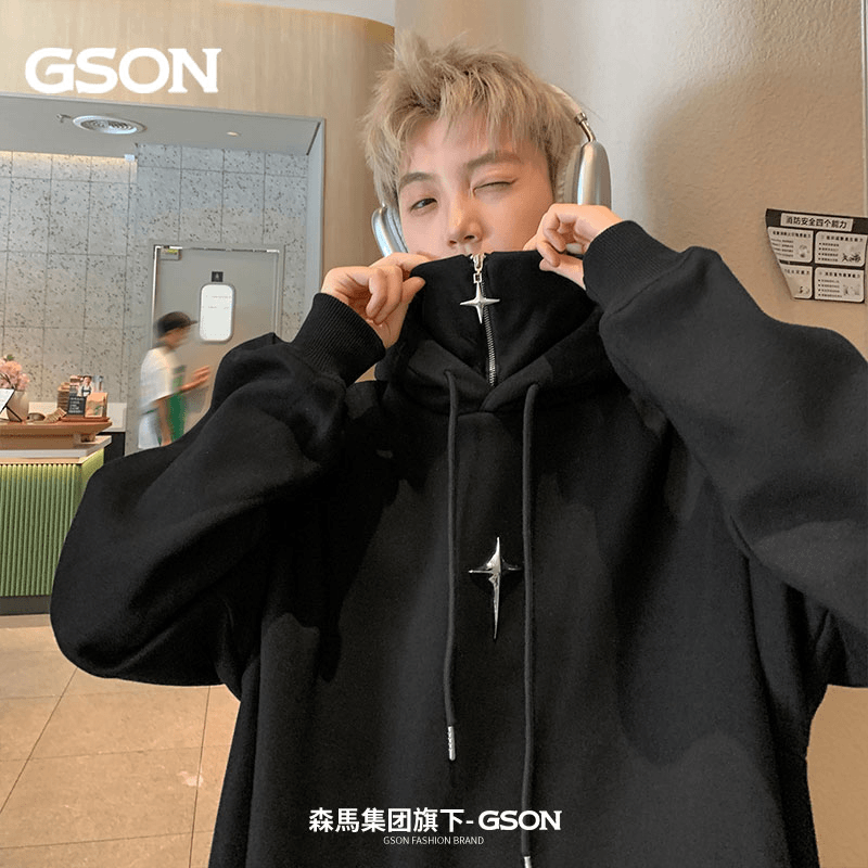 森馬集团GSON美式复古假两件卫衣男士冬季连帽加绒加厚半拉链外套