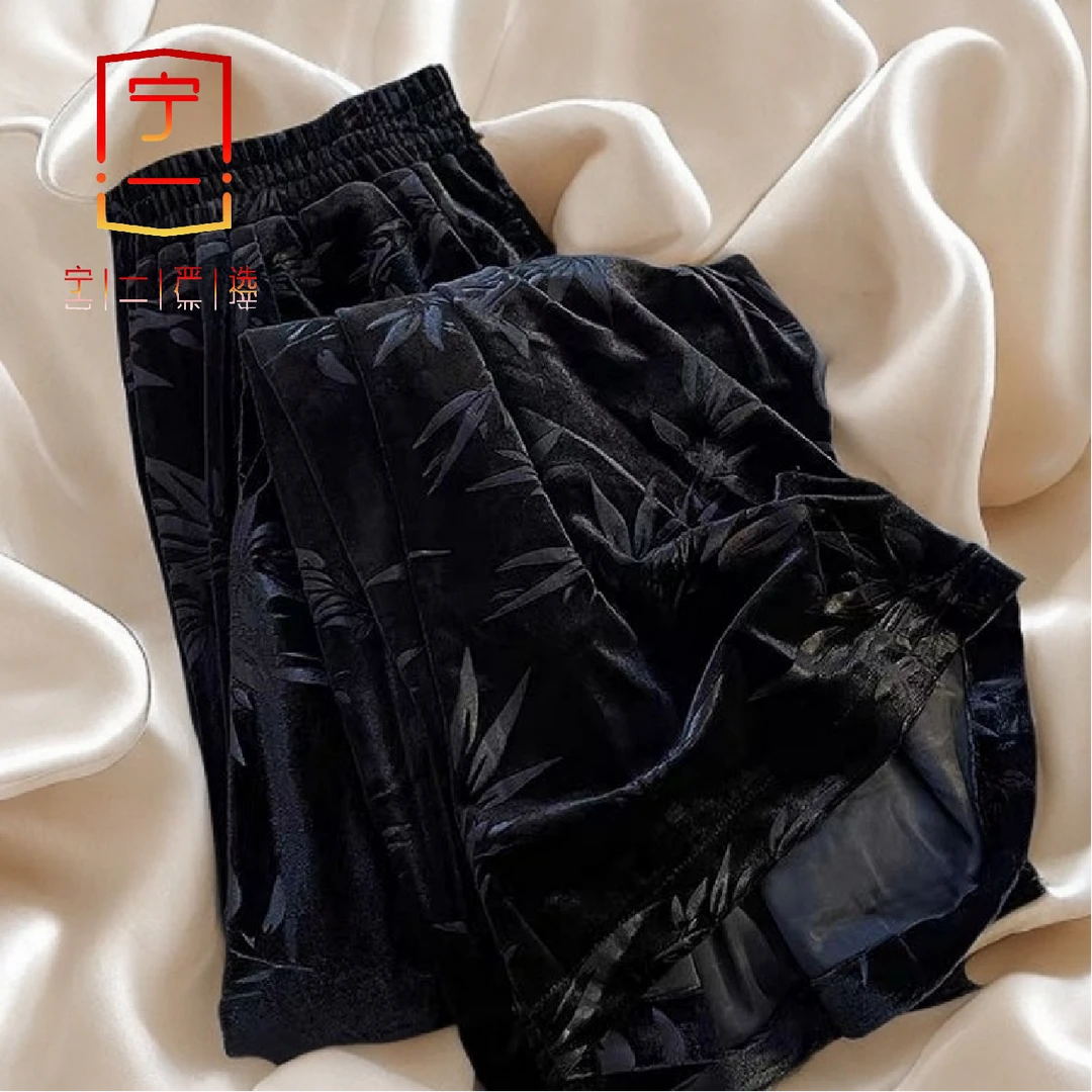 【时尚气质新中式国风墨竹提花丝绒阔腿裤】秋冬新款加绒显瘦休闲裤